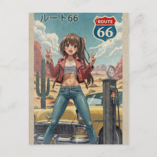 Postal Festiva Retro Japanese Anime Girl on Route 66 Vintage Post