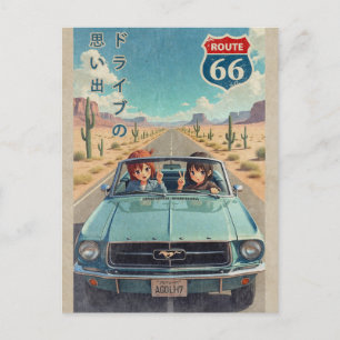 Postal Festiva Retro Japanese Anime Girl on Route 66 Vintage Post