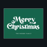 Postal Festiva Retro Mid Century Green Merry Christmas<br><div class="desc">Postal navideña: un diseño retro clásico,  con una tipografía moderna de mediados de siglo y un fondo verde clásico.</div>