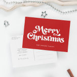 Postal Festiva Retro Mid Century Red Merry Christmas<br><div class="desc">Postcard navideño: un diseño retro clásico,  con una tipografía moderna de mediados de siglo y un fondo rojo clásico.</div>