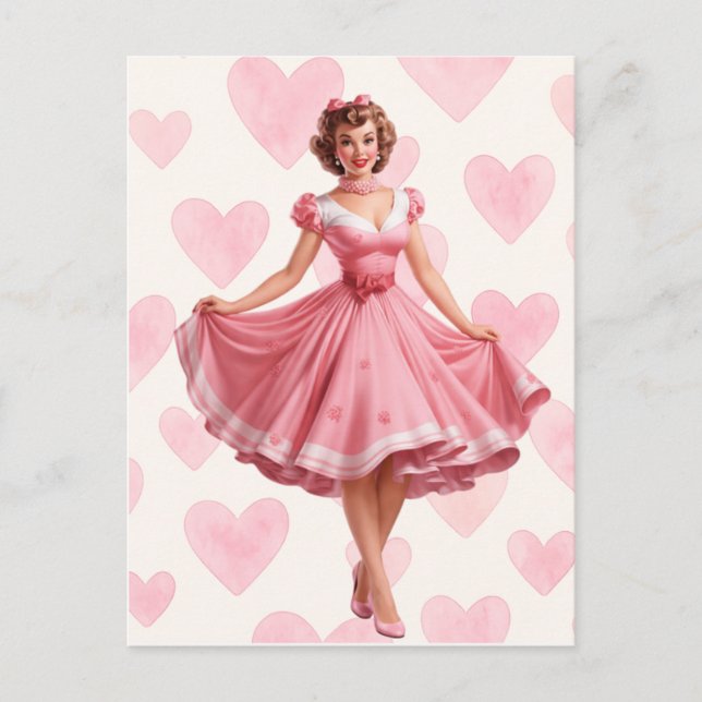 Postal Festiva Retro Pink Hearts Romance Card Postcard  (Anverso)