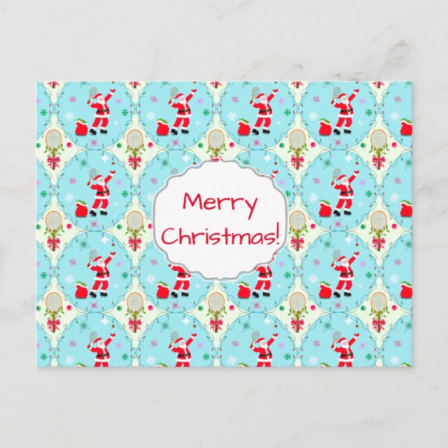 Postal Festiva Retro Santa Jugando Tenis Ogee Pattern Holiday P (Anverso)