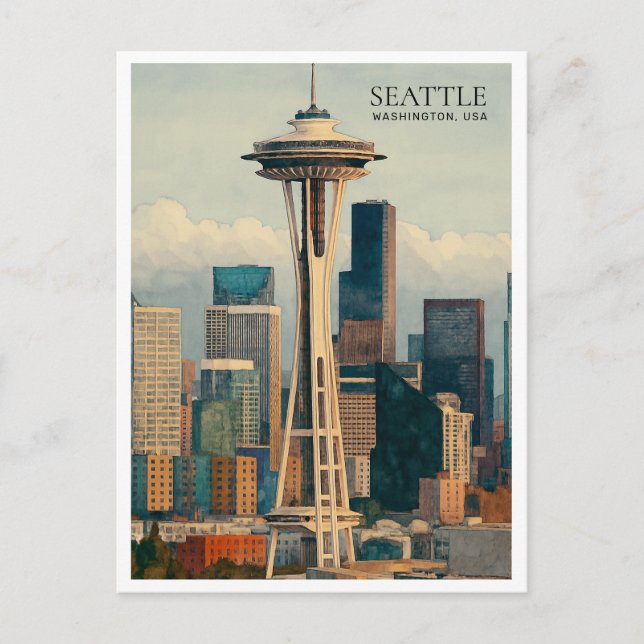 Postal Festiva Retro Seattle Skyline Watercolor Art Postcard (Anverso)