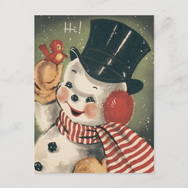 Postal Festiva Retro Vintage Alegre Hombre de Nieve (Anverso)