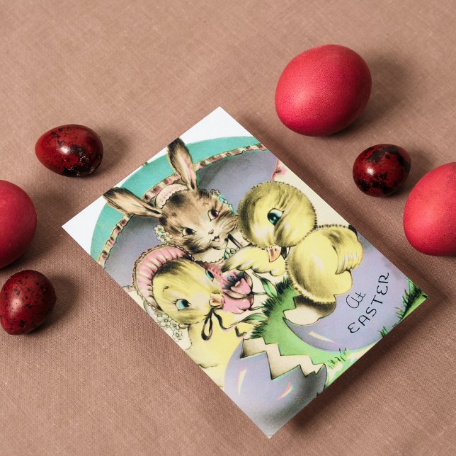 Postal Festiva Retro vintage Chicks conejito de Pascua (Subido por el creador)