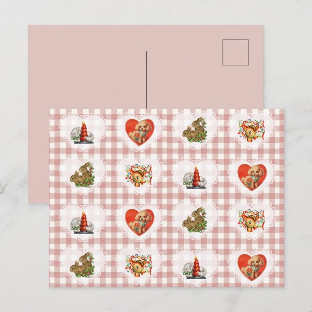 Postal Festiva Retro Vintage Coquette Baby Animals Gingham (Anverso / Reverso)