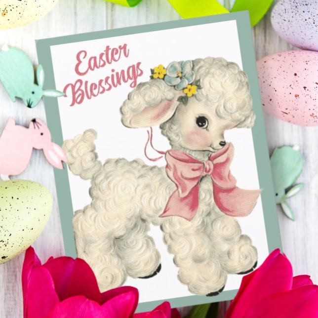 Postal Festiva Retro Vintage Cute Lamb Easter Blessings (Subido por el creador)