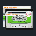 Postal Festiva Retro W Audiotape 60 cumpleaños Guardar la fecha H<br><div class="desc">Vieja cinta de audio blanca (cinta de audio) con etiqueta verde para personalizar con tu nombre y fecha. Diseño en postal horizontal con textos para 60 años Guardar la fecha en personalizar (delante y atrás). Puede cambiar fácilmente el texto (fuente, color, tamaño y posición) haciendo clic en el botón personalizar....</div>
