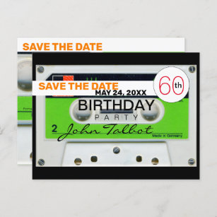 Postal Festiva Retro W Audiotape 60 cumpleaños Guardar la fecha H