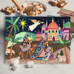 Postal Festiva Reyes Magos caprichosos con estrella y regalos