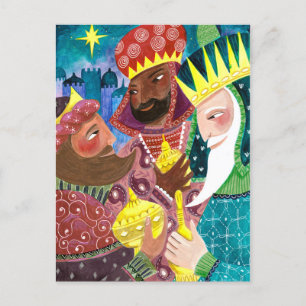 Postal Festiva Reyes Magos caprichosos con estrella y regalos