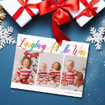Postal Festiva Ríe todo el camino Rainbow 3 Navidades Foto<br><div class="desc">Hermosa y colorida tarjeta postal de 3 Navidades fotográficos con Laughing All the Way en escritura cursiva de arcoiris bonito. Personaliza con tus tres fotos familiares verticales favoritas de tus hijos sonrientes por encima de tu nombre o un saludo personalizado en rojo. Postales divertidas y alegres de vacaciones.</div>