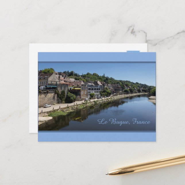Postal Festiva Río Vezere Le Bugue, Dordogne, Francia (Anverso/Reverso In Situ)