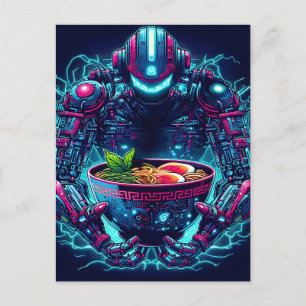 Postal Festiva Robot Cyberpunk Futurista Comida Ramen Neon