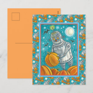 POSTAL FESTIVA ROBOT PICKING PUMPKINS , HOMBRE MECÁNICO DE HALLOW