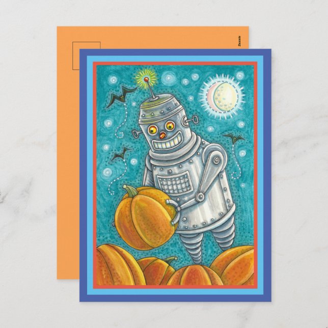POSTAL FESTIVA ROBOT PICKING PUMPKINS , HOMBRE MECÁNICO DE HALLOW (Anverso / Reverso)