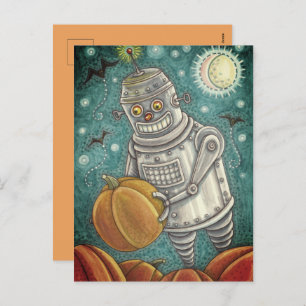 POSTAL FESTIVA ROBOT PICKING PUMPKINS , HOMBRE MECÁNICO DE HALLOW
