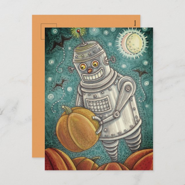 POSTAL FESTIVA ROBOT PICKING PUMPKINS , HOMBRE MECÁNICO DE HALLOW (Anverso / Reverso)