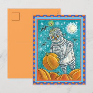 POSTAL FESTIVA ROBOT PICKING PUMPKINS , HOMBRE MECÁNICO DE HALLOW