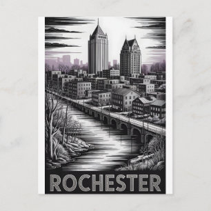 Postal Festiva Rochester Nueva York Silueta Urbana Grabado en Mad