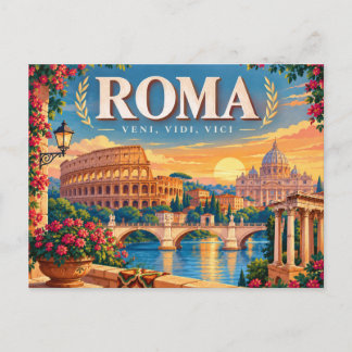 Postal Festiva Roma Vintage Italia Clásico Romano y Atardecer Dor