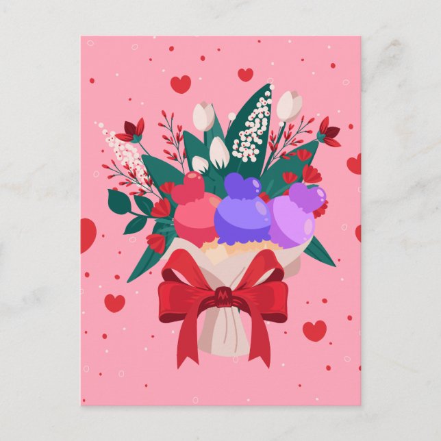 Postal Festiva Romántico Helado Cream Bouquet Cute Flores Corazón (Anverso)