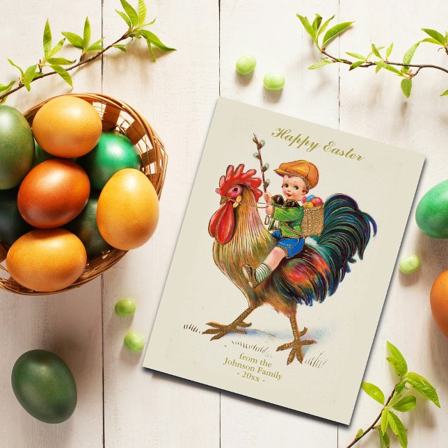 Postal Festiva Rooster de niño de cacería de huevos de pascua (Personalize with your Family Name and Year, all text is editable.)