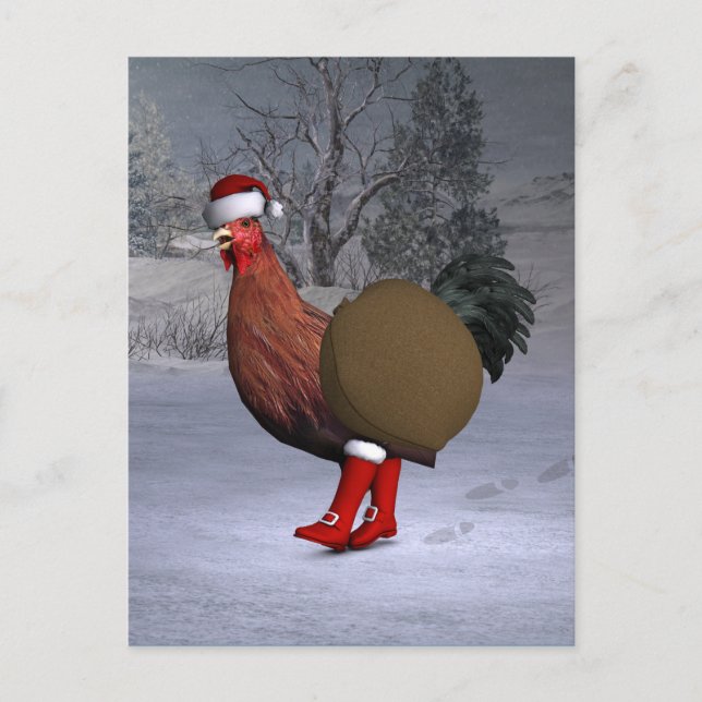 Postal Festiva Rooster marrón Santa Claus (Anverso)