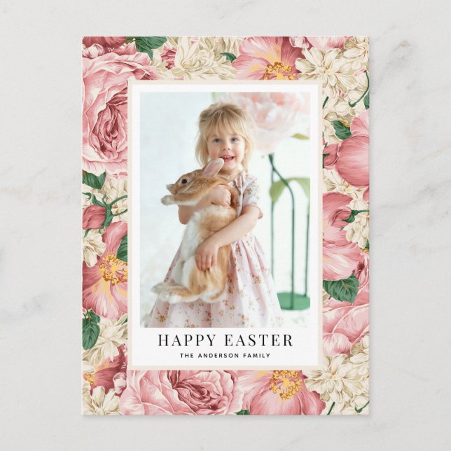 Postal Festiva Rosa de cosecha y foto de Hydrangea Feliz Pascua (Anverso)
