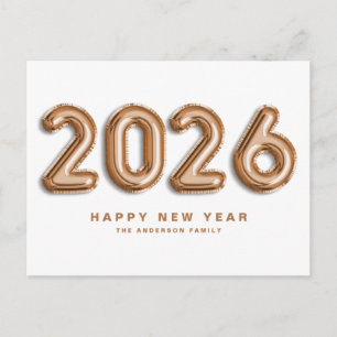 Postal Festiva rosa de Oro 2025 Globos Mylar Feliz Año Nuevo