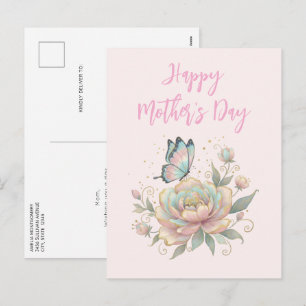 Postal Festiva Rosa mágica y mariposa pastel Día de la Madre