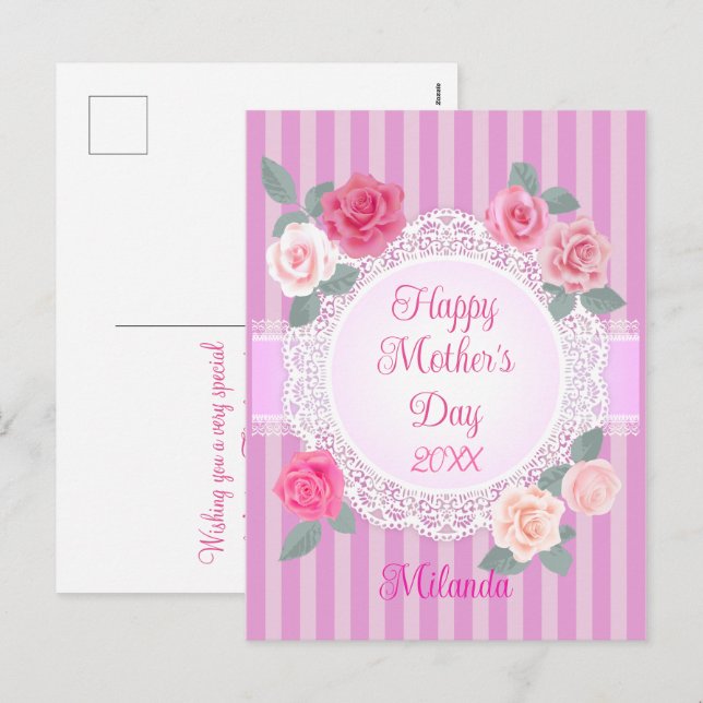 Postal Festiva Rosa rosa feliz día de la madre (Anverso / Reverso)