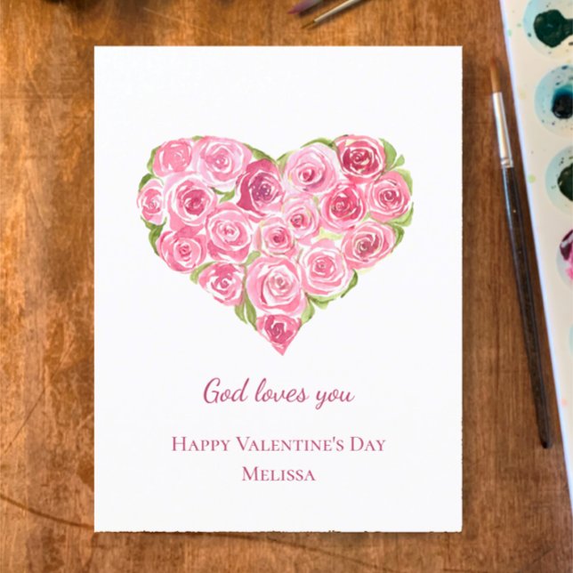 Postal Festiva Rosas de acuarela pintados a mano Día de San Valen (Add your name and note to my hand painted watercolor roses Valentines God loves you Christian card
)