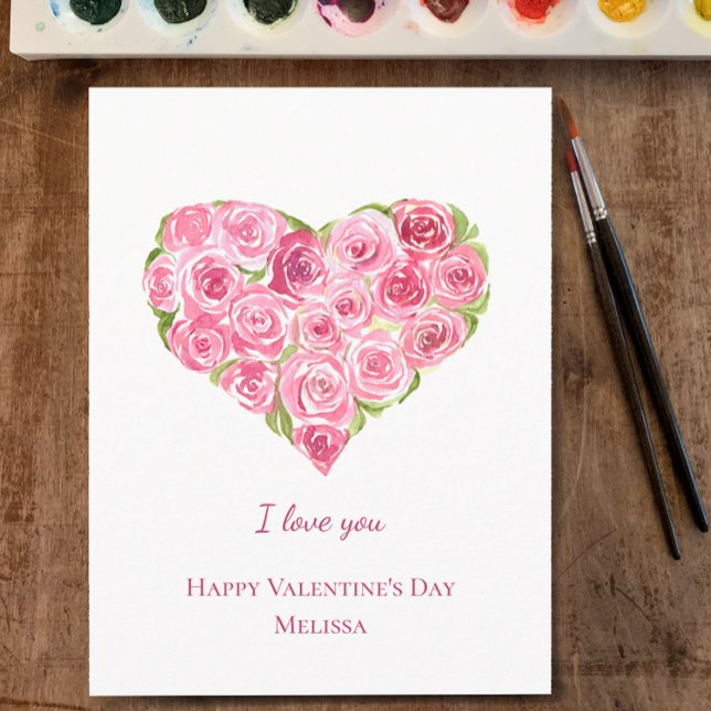Postal Festiva Rosas de acuarela pintados a mano Día de San Valen (Personalize this unique hand painted watercolor pink roses heart Valentine’s Day card. Customize.
)