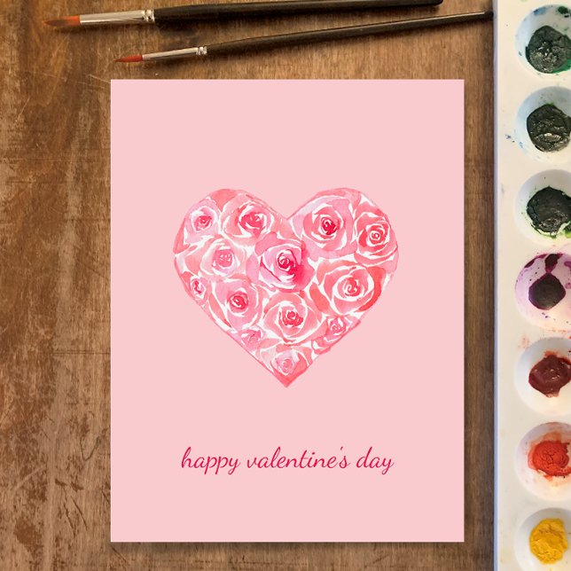 Postal Festiva Rosas de acuarela pintados a mano Día de San Valen (Personalize my hand painted watercolor roses in heart shape happy Valentines Day custom chic card
)