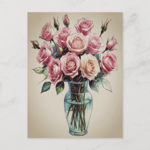 Postal Festiva Rosas florecidas ramo de flores jarrón dibujo arte