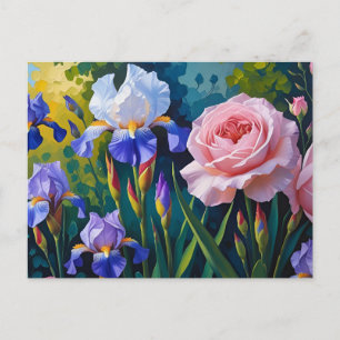 Postal Festiva Rosas floreciendo y flores de iris púrpura 