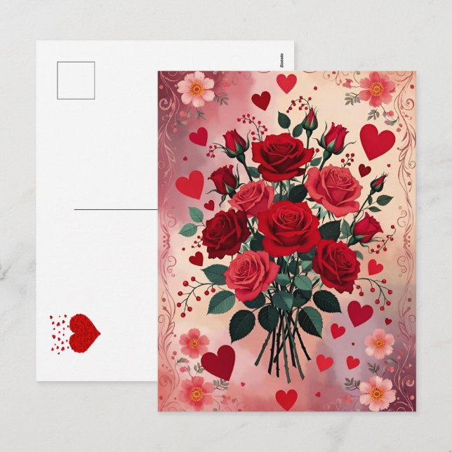 Postal Festiva Rosas Rojas, Día de San Valentín, (Anverso / Reverso)