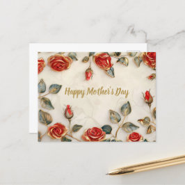 Postal Festiva Rosas rojos de oro vintage Día de la Madre