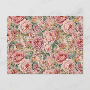 Postal Festiva Rosas Rosa Polvorienta Encantador Artístico Verde 
