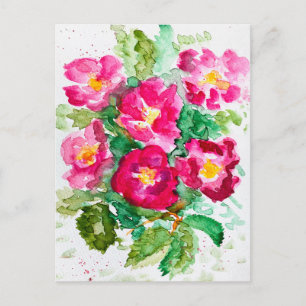 Postal Festiva Rosas silvestres rosadas bouquet floral acuarela