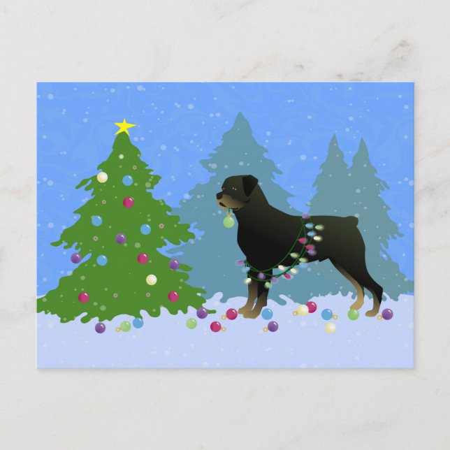 Postal Festiva Rottweiler en el bosque de los Navidades (Anverso)