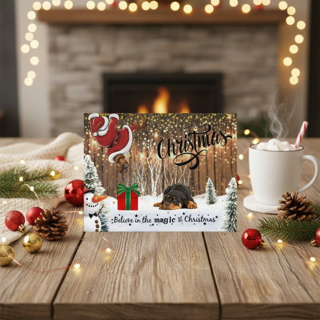 Postal Festiva Rottweiler Puppy y Santa Navidades (Rottweiler Puppy Santa Gift Christmas Holiday Postcard)