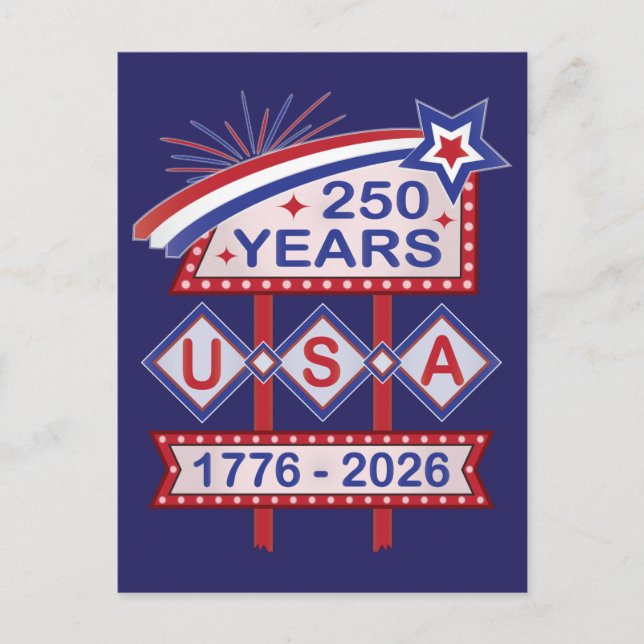Postal Festiva Rótulo Retro USA 250 Aniversario Marquee 1776-2026 (Anverso)