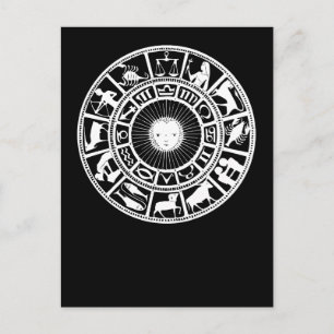 Postal Festiva Rueda zodiacal con símbolos del Sol y astrología