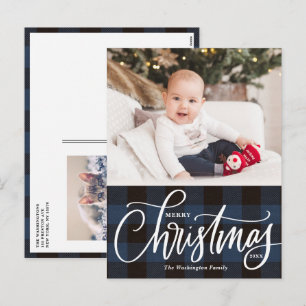 Postal Festiva Rustic Blue Plaid Merry Christmas Photo