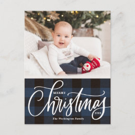 Postal Festiva Rustic Blue Plaid Merry Christmas Photo