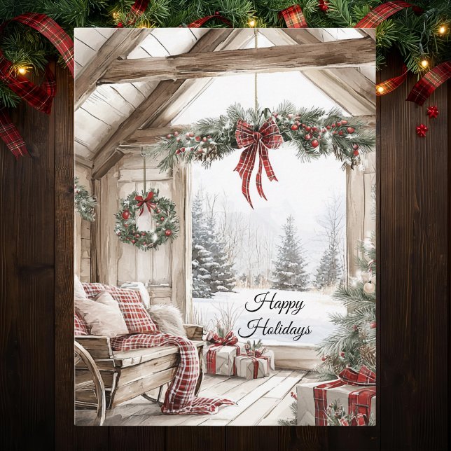 Postal Festiva Rustic Country Christmas Scene Happy Holidays (Subido por el creador)