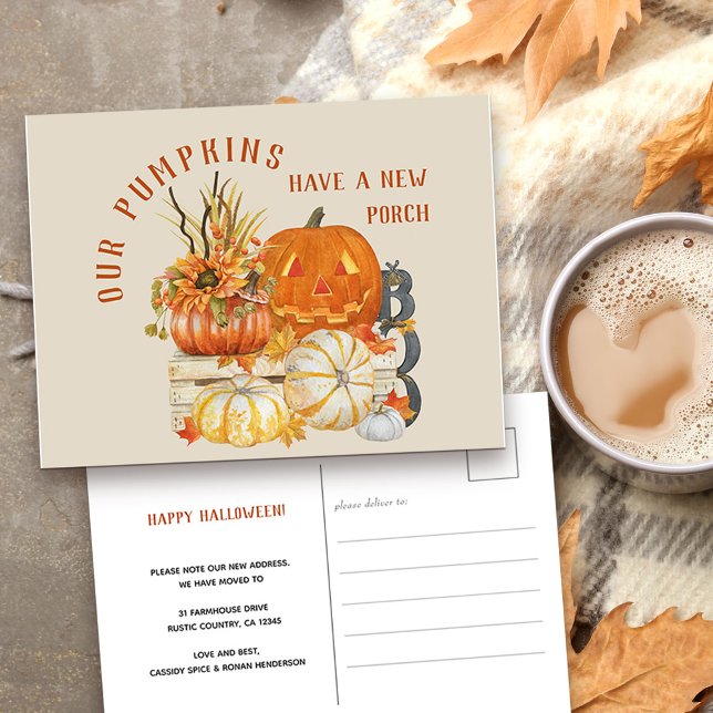 Postal Festiva Rustic Farmhouse Calabazas Nueva dirección (New address and Happy Halloween Postcard with rustic fall pumpkins)