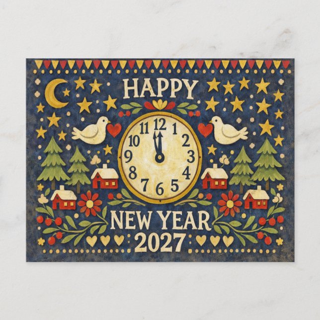Postal Festiva Rustic Folk Art Happy New Year 2027 (Anverso)